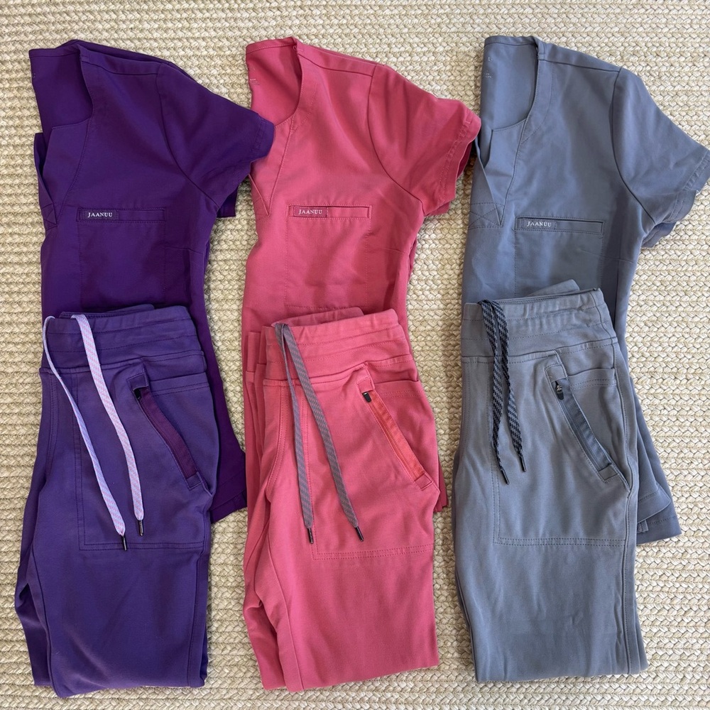 Jaanuu Women's Scrub Set in Pink, and Gray